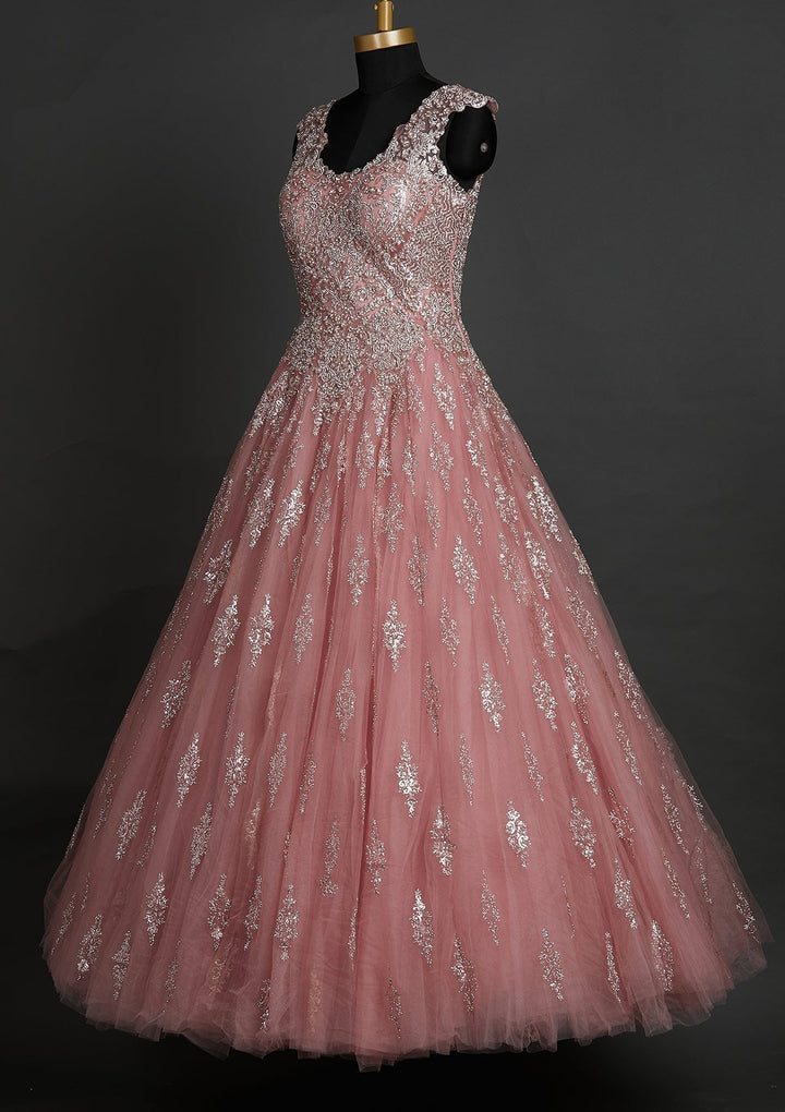 Baby Pink Silver Stonework Net Designer Gown - koskii