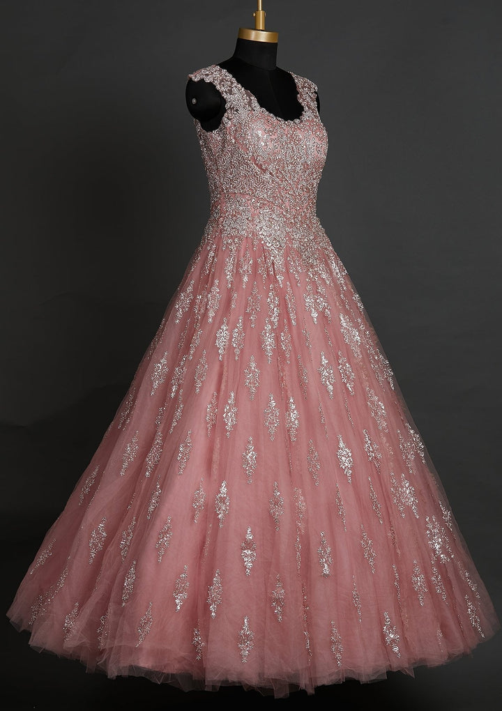 Baby Pink Silver Stonework Net Designer Gown - koskii
