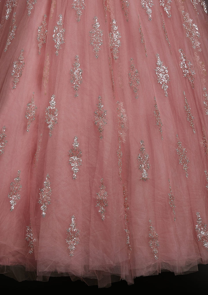 Baby Pink Silver Stonework Net Designer Gown - koskii