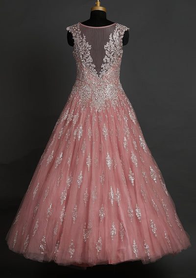 Baby Pink Silver Stonework Net Designer Gown - koskii