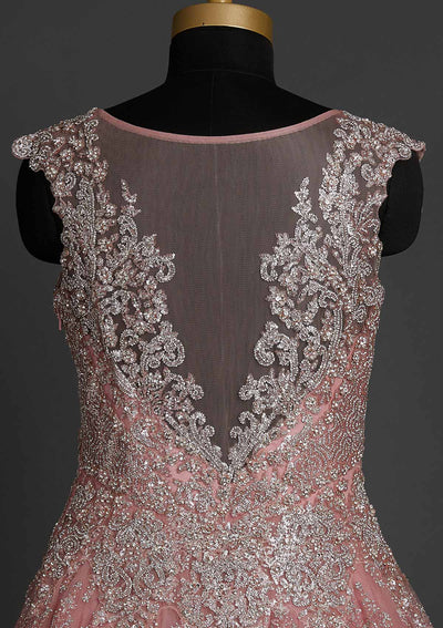 Baby Pink Silver Stonework Net Designer Gown - koskii