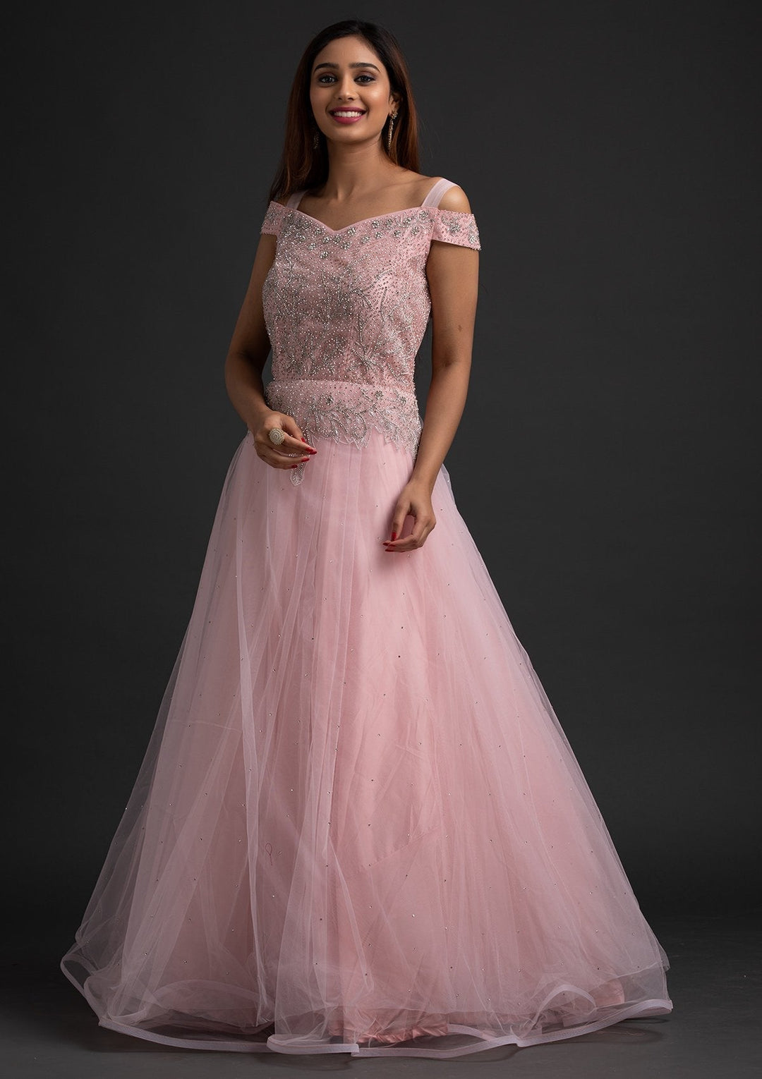 Baby Pink Silver Stonework Net Designer Gown - koskii