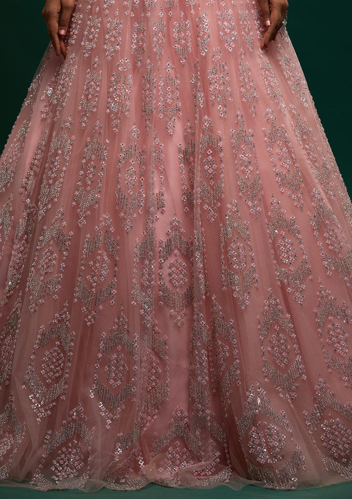 Baby Pink Silver Stonework Net Designer Lehenga - Koskii