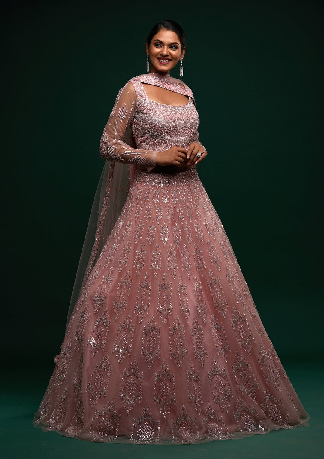 Baby Pink Silver Stonework Net Designer Lehenga - Koskii