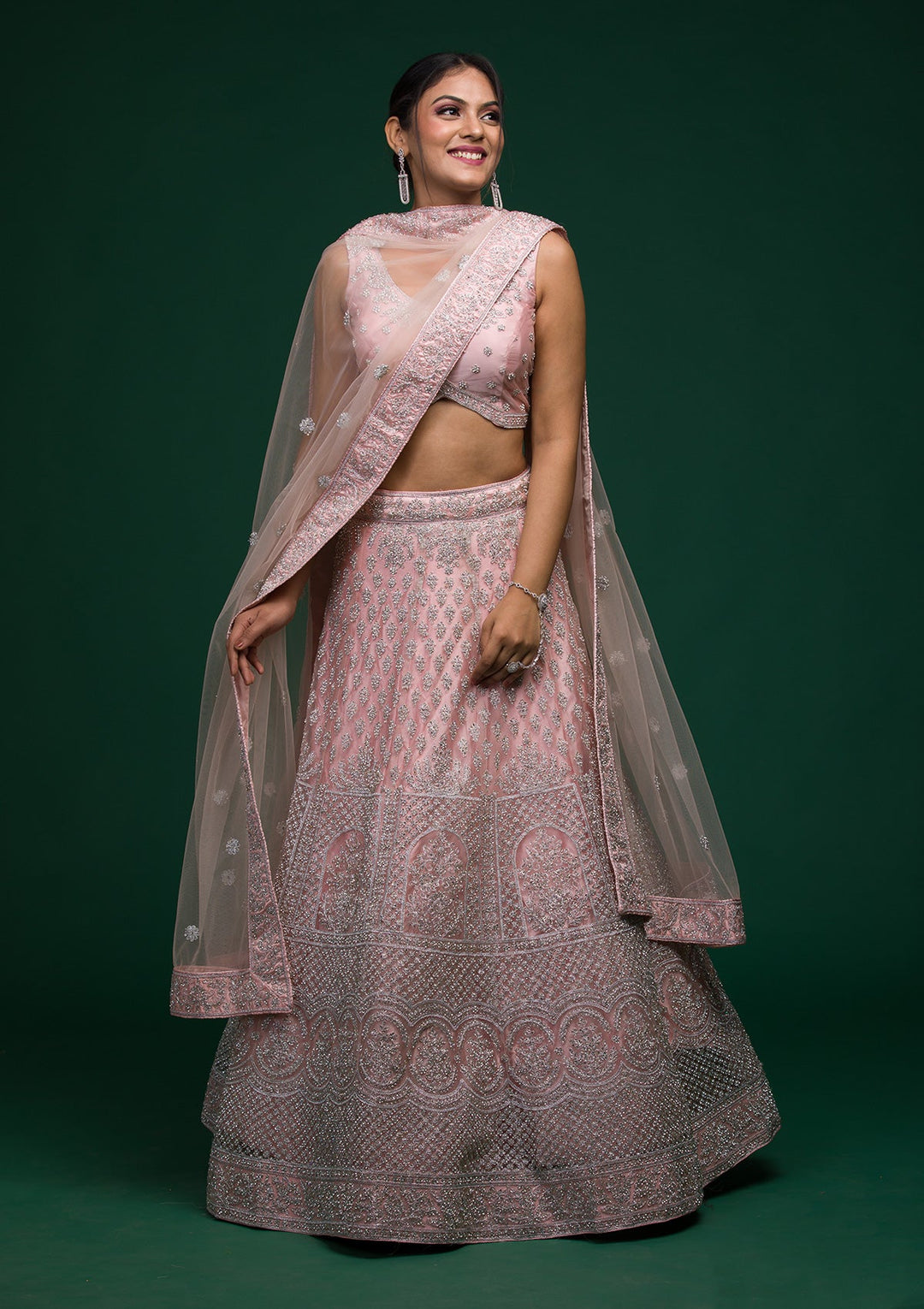 Baby Pink Silver Stonework Net Lehenga-koskii