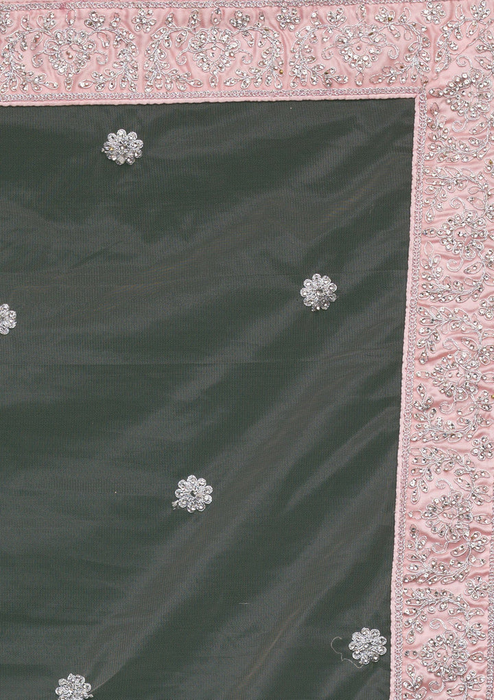 Baby Pink Silver Stonework Net Lehenga-koskii