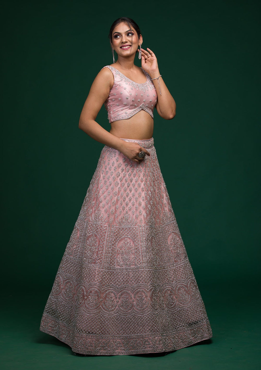 Baby Pink Silver Stonework Net Lehenga-koskii