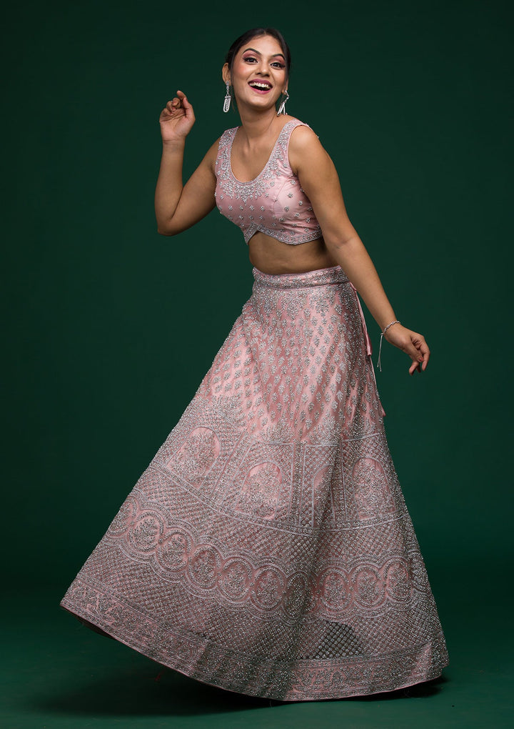 Baby Pink Silver Stonework Net Lehenga-koskii