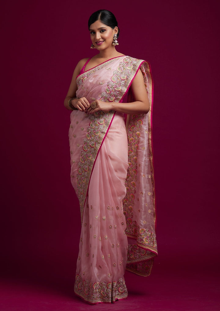 Baby Pink Silver Stonework Tissue Designer Saree - koskii