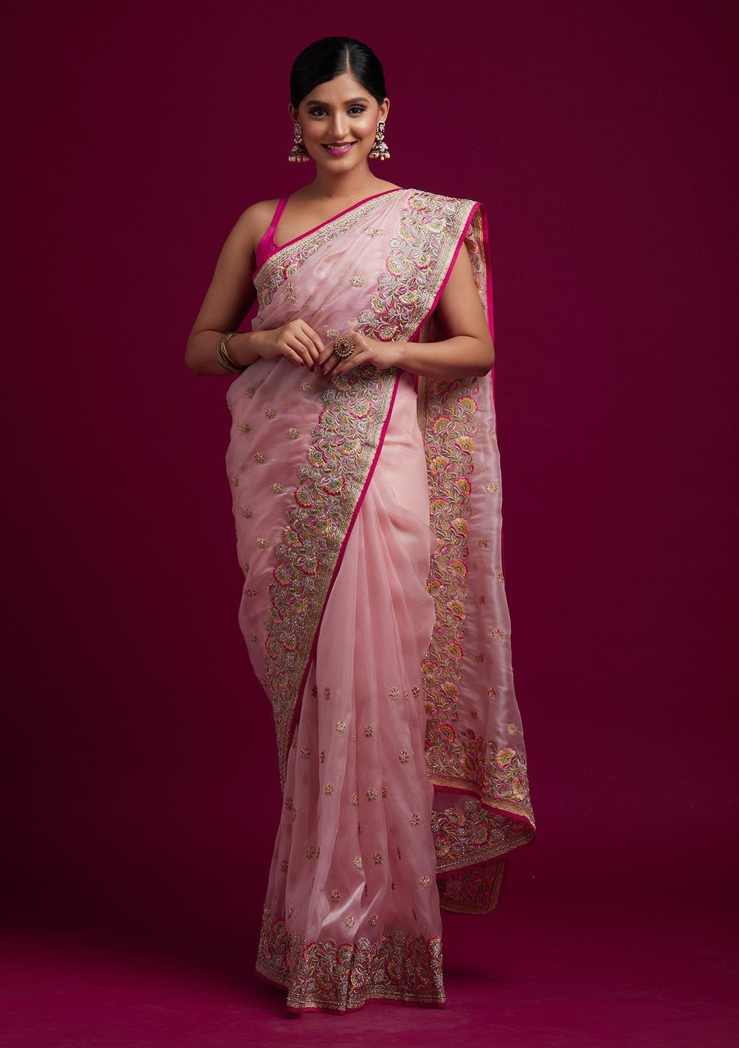 Baby Pink Silver Stonework Tissue Designer Saree - koskii