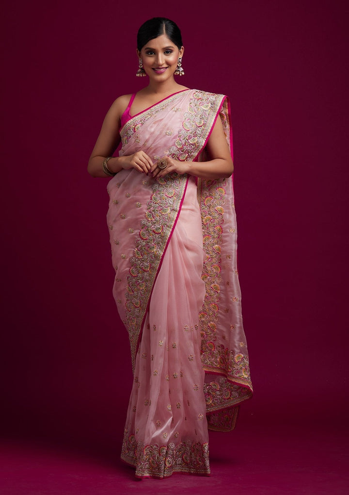 Baby Pink Silver Stonework Tissue Designer Saree - koskii