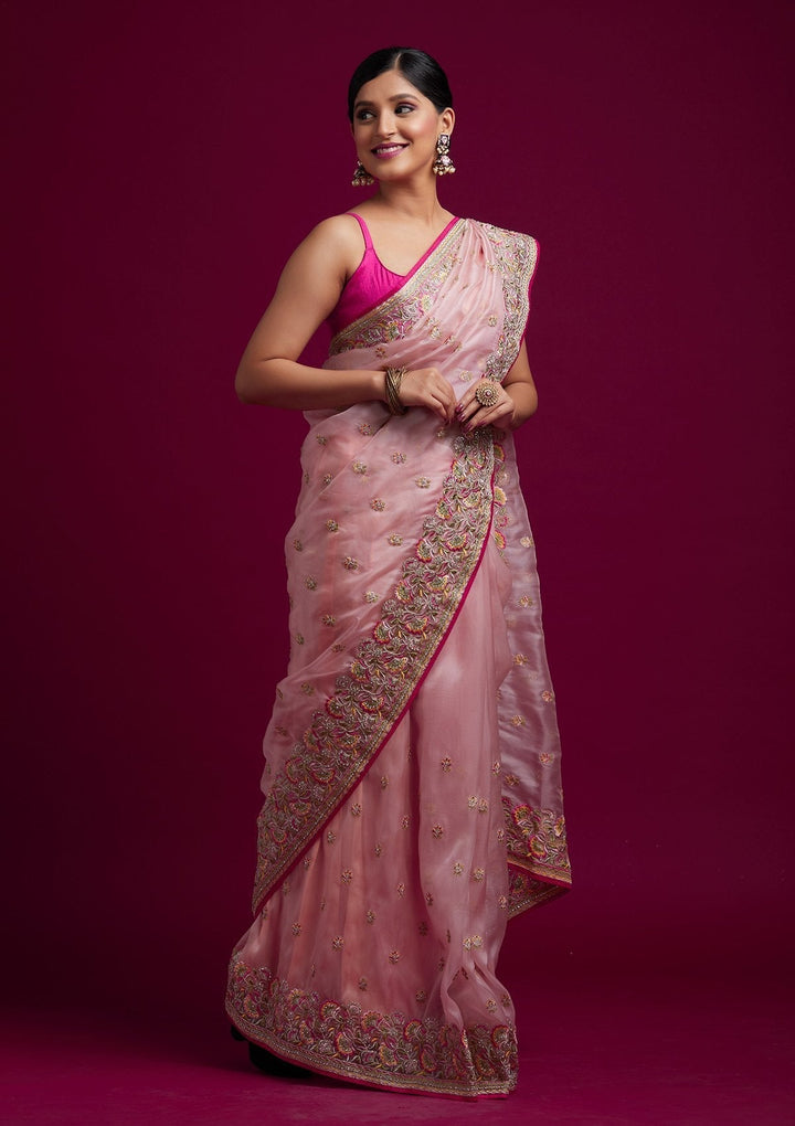 Baby Pink Silver Stonework Tissue Designer Saree - koskii