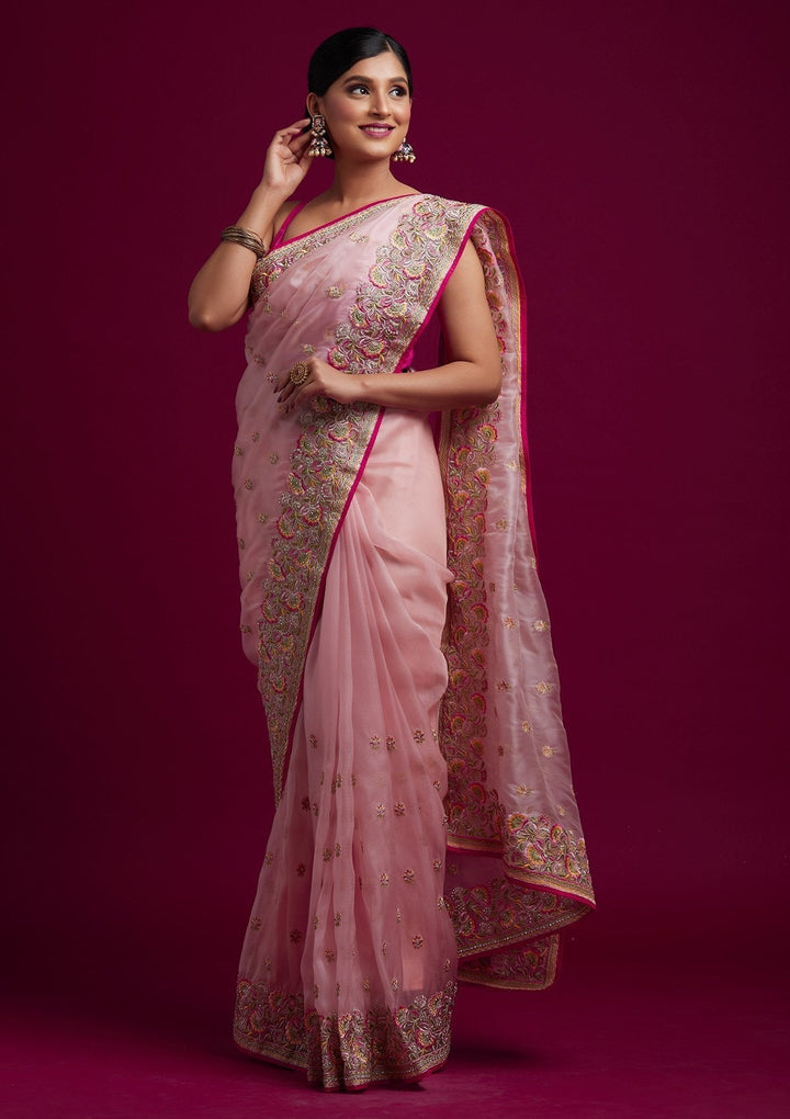 Baby Pink Silver Stonework Tissue Designer Saree - koskii