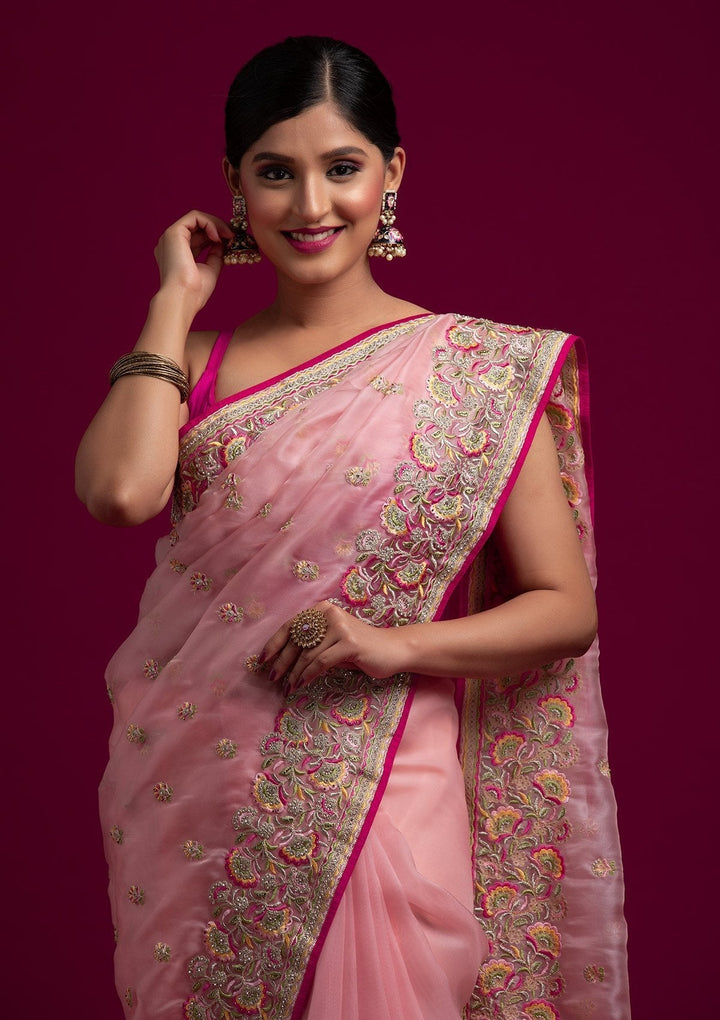 Baby Pink Silver Stonework Tissue Designer Saree - koskii