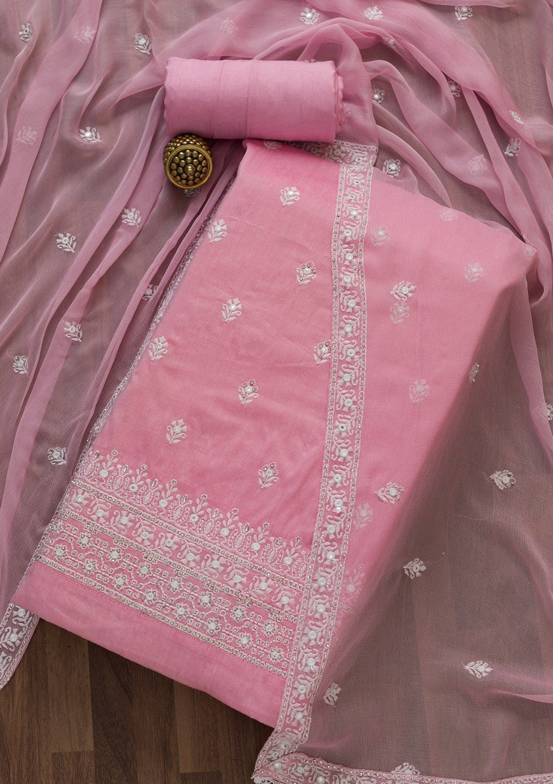Baby Pink Stonework Cotton Unstitched Salwar Suit-Koskii
