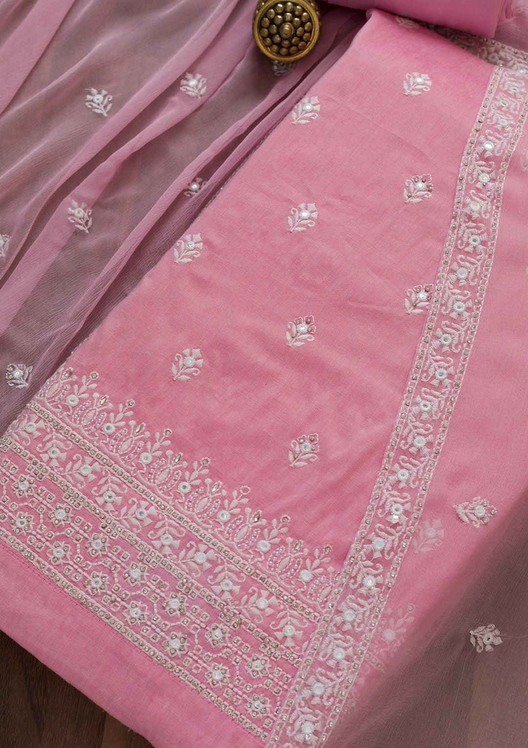 Baby Pink Stonework Cotton Unstitched Salwar Suit-Koskii