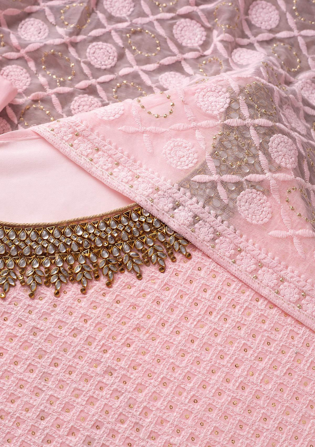 Baby Pink Stonework Georgette Designer Unstitched Salwar Suit - koskii