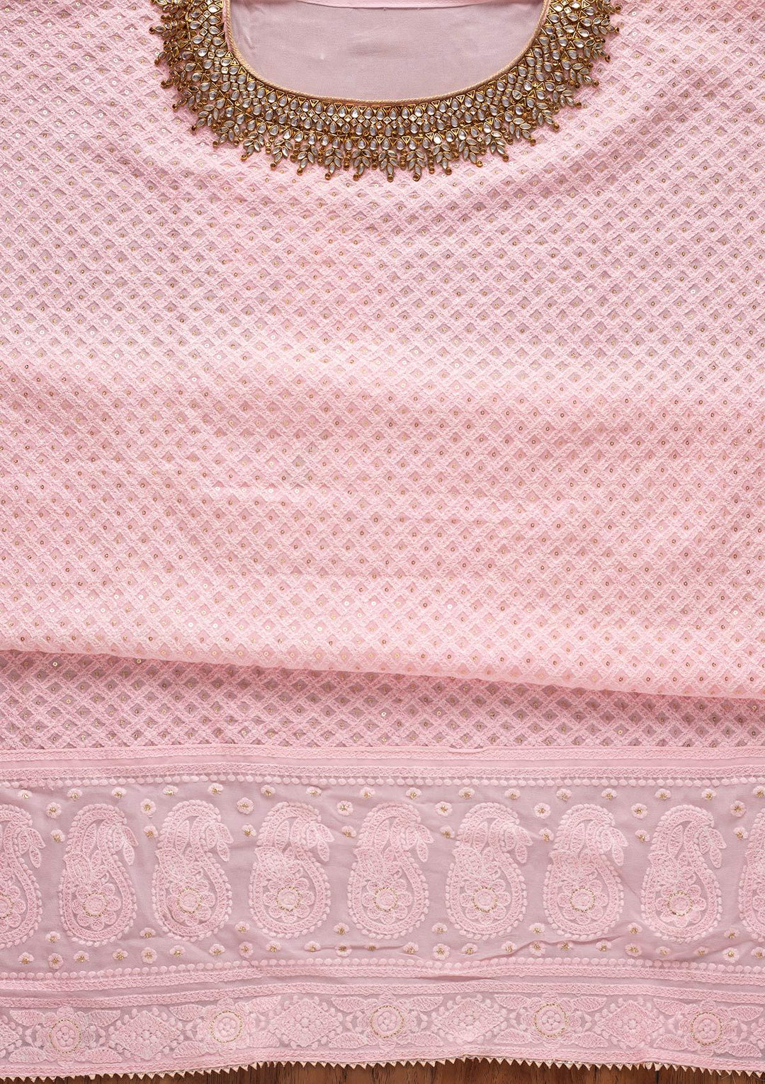 Baby Pink Stonework Georgette Designer Unstitched Salwar Suit - koskii