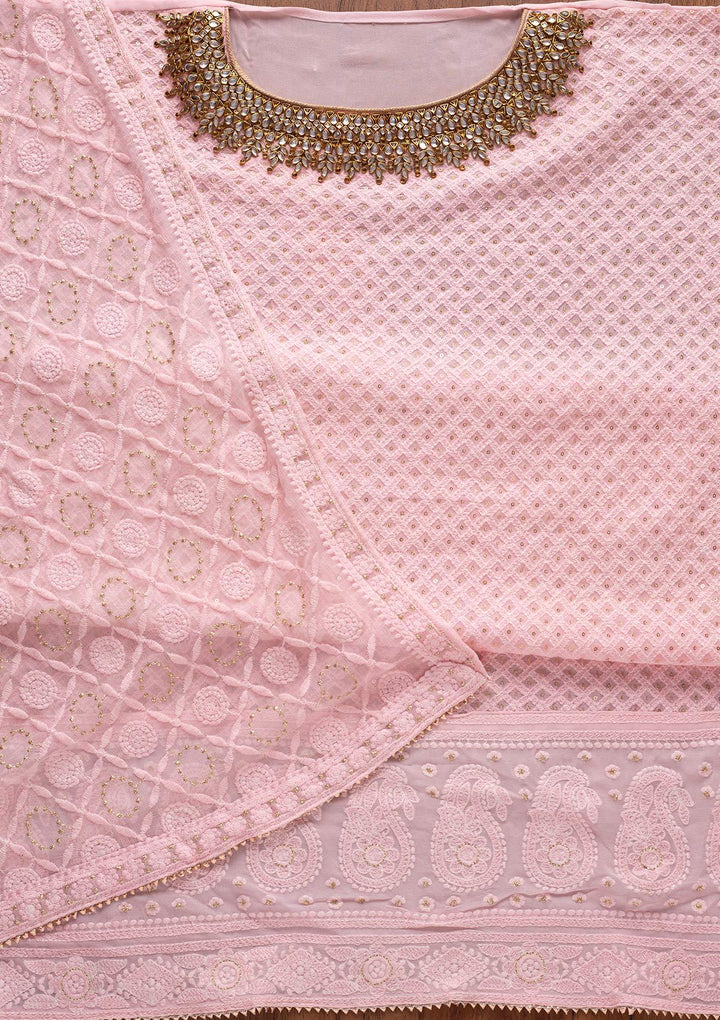 Baby Pink Stonework Georgette Designer Unstitched Salwar Suit - koskii