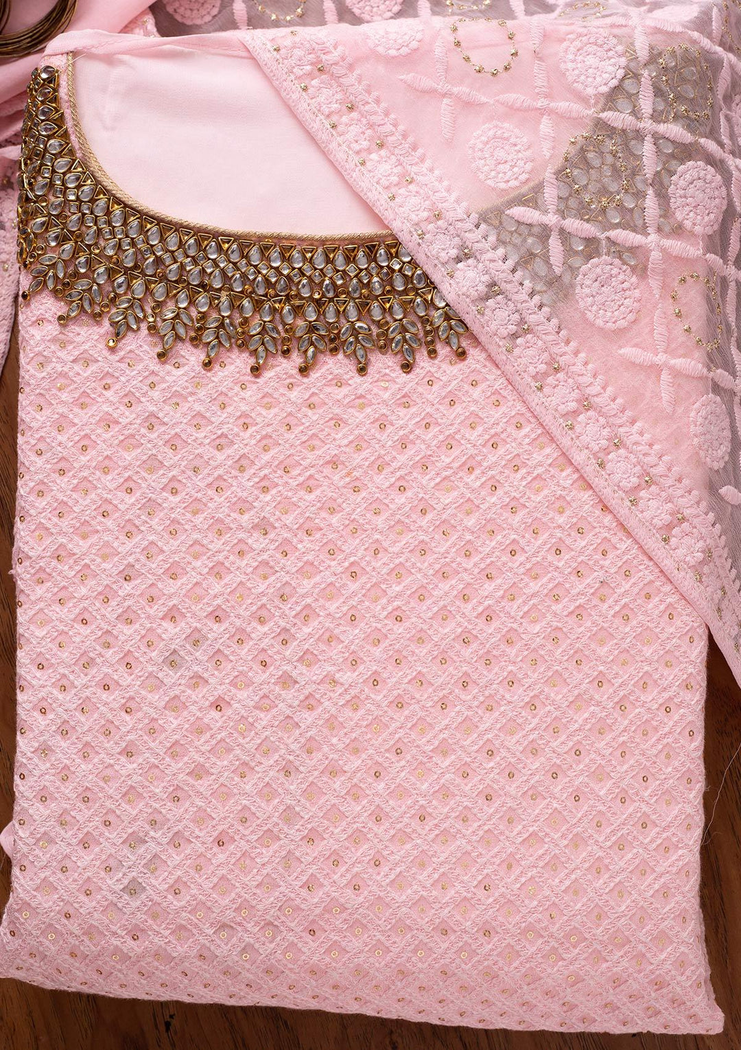 Baby Pink Stonework Georgette Designer Unstitched Salwar Suit - koskii