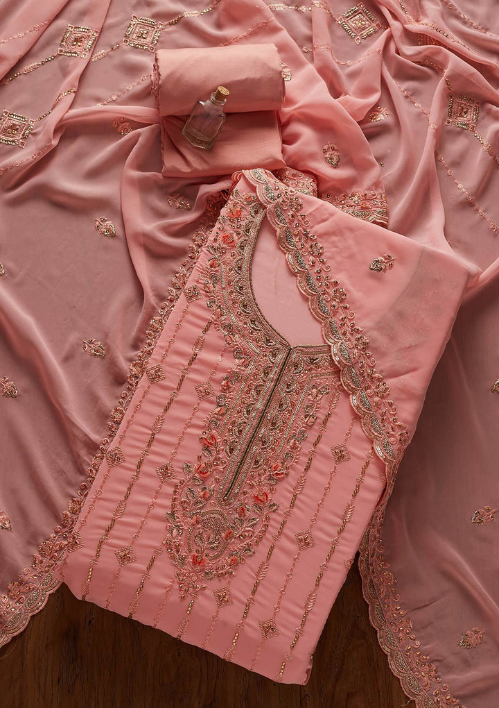 Baby Pink Stonework Georgette Designer Unstitched Salwar Suit - koskii