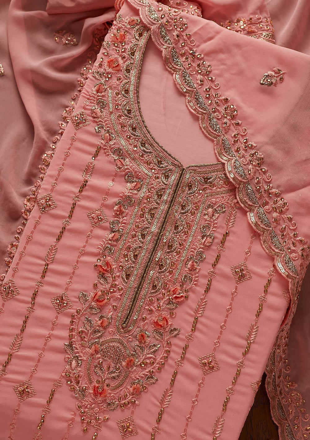 Baby Pink Stonework Georgette Designer Unstitched Salwar Suit - koskii