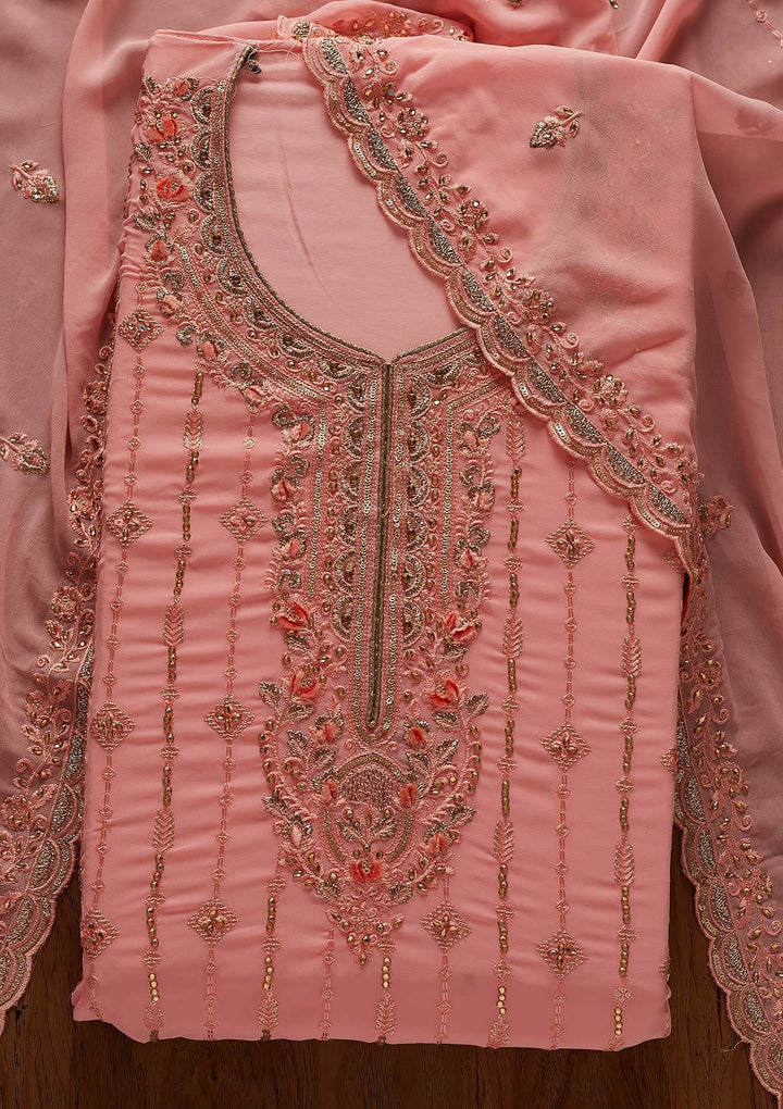 Baby Pink Stonework Georgette Designer Unstitched Salwar Suit - koskii