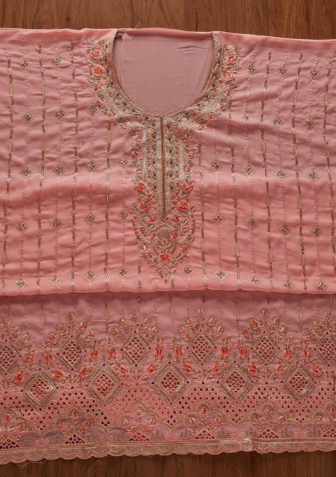 Baby Pink Stonework Georgette Designer Unstitched Salwar Suit - koskii
