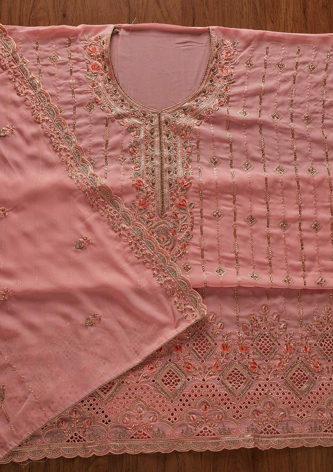 Baby Pink Stonework Georgette Designer Unstitched Salwar Suit - koskii
