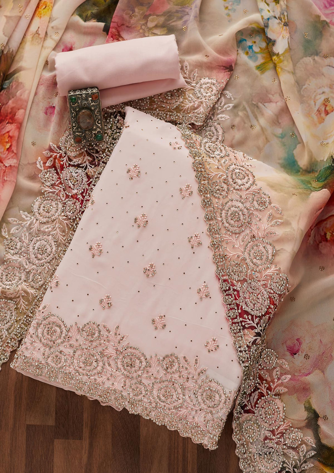 Baby Pink Stonework Georgette Unstitched Salwar Suit - Koskii