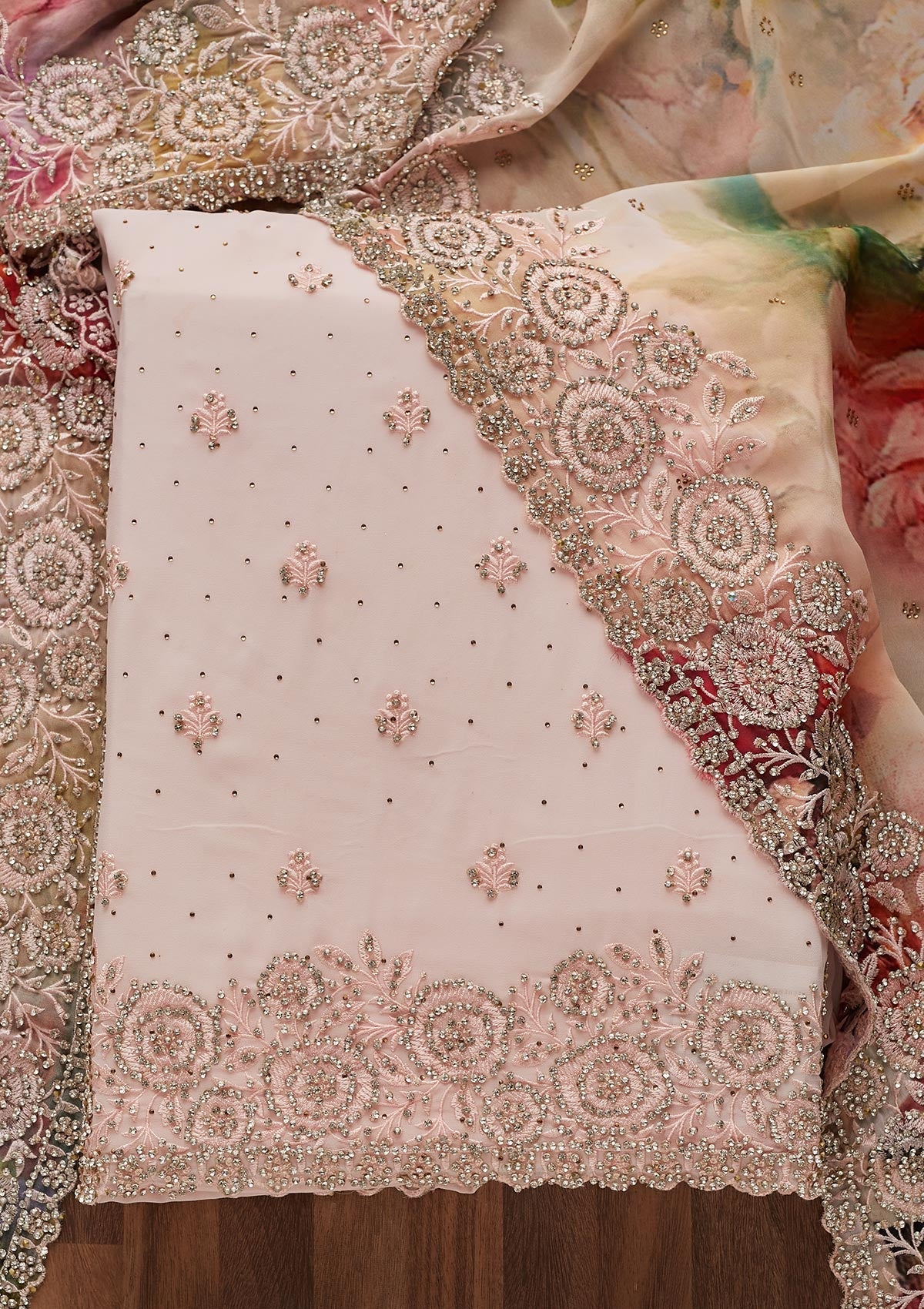 Baby Pink Stonework Georgette Unstitched Salwar Suit - Koskii