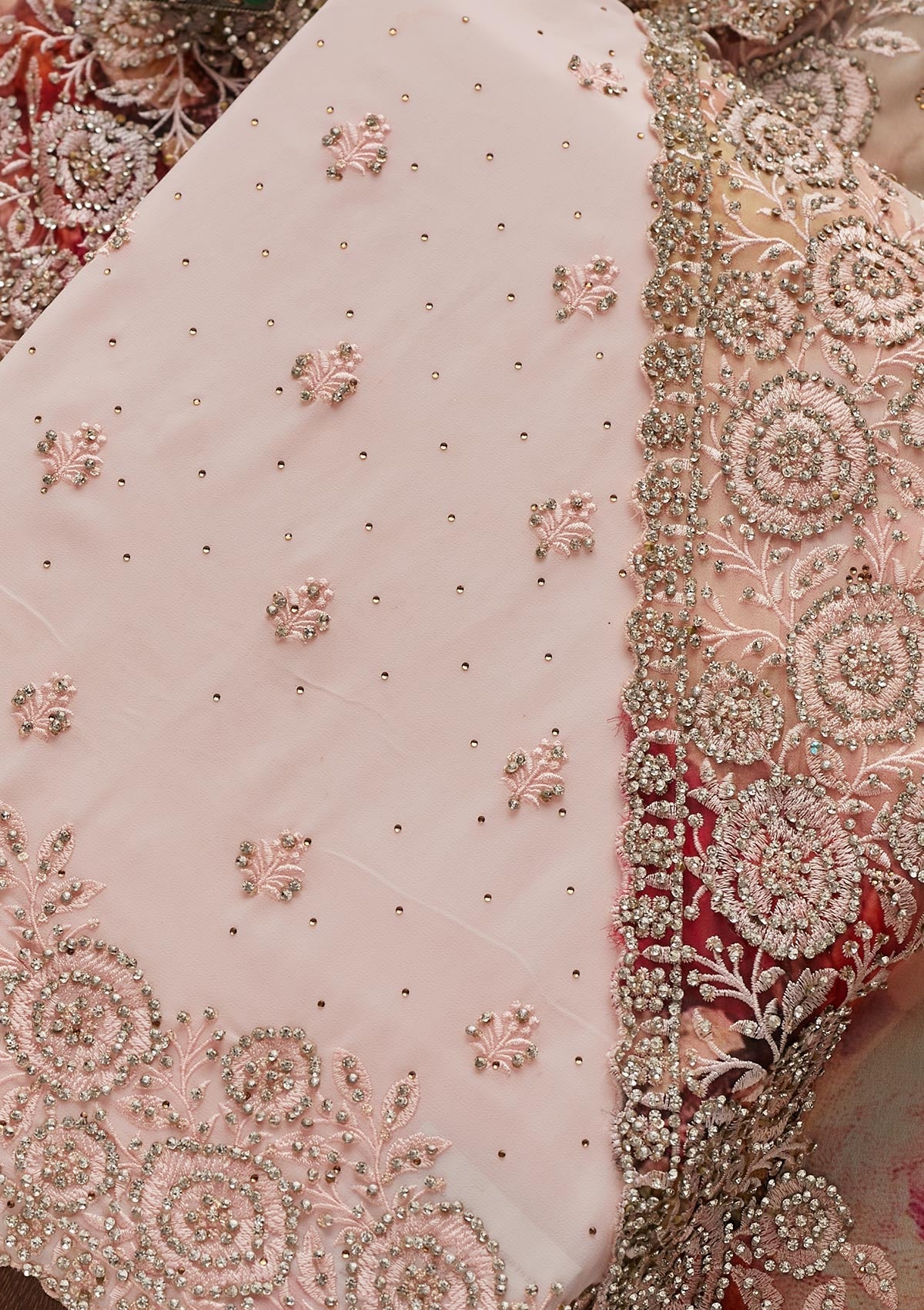 Baby Pink Stonework Georgette Unstitched Salwar Suit - Koskii