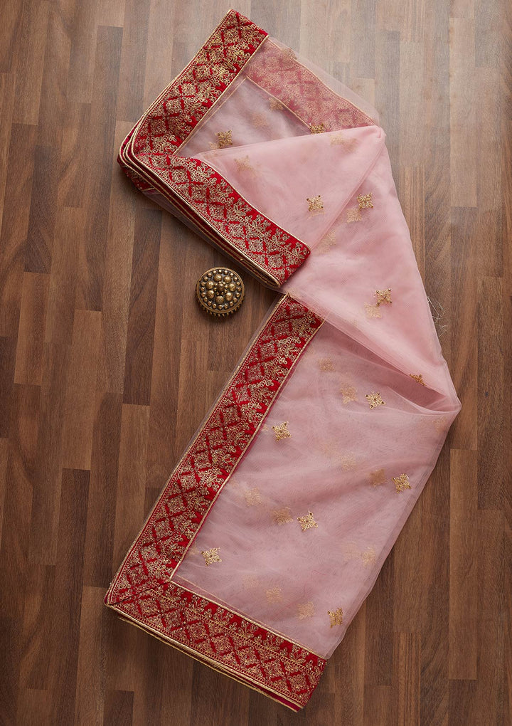Baby Pink Stonework Net Readymade Dupatta-Koskii