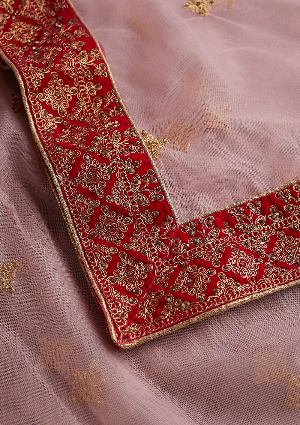 Baby Pink Stonework Net Readymade Dupatta-Koskii