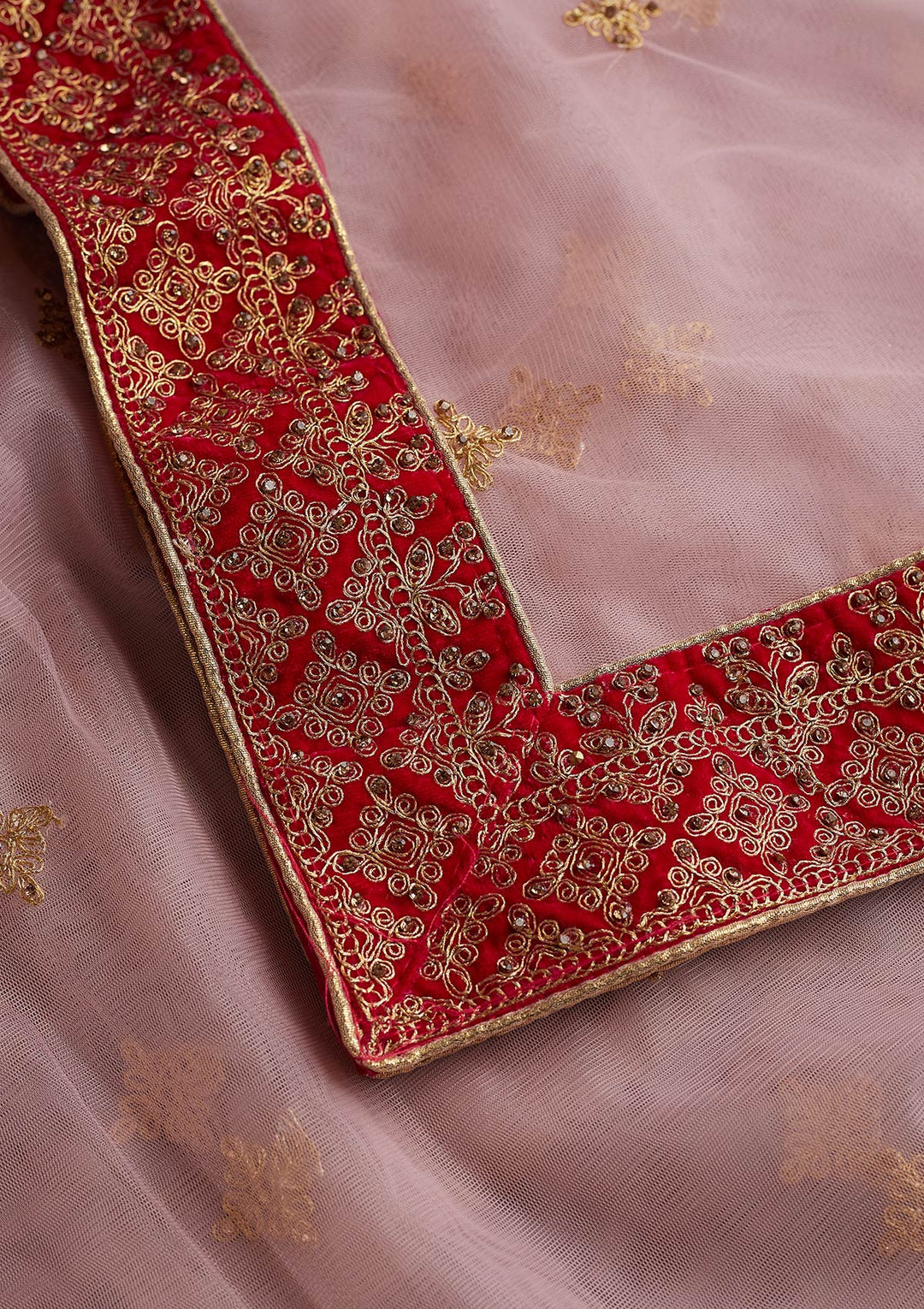 Baby Pink Stonework Net Readymade Dupatta-Koskii