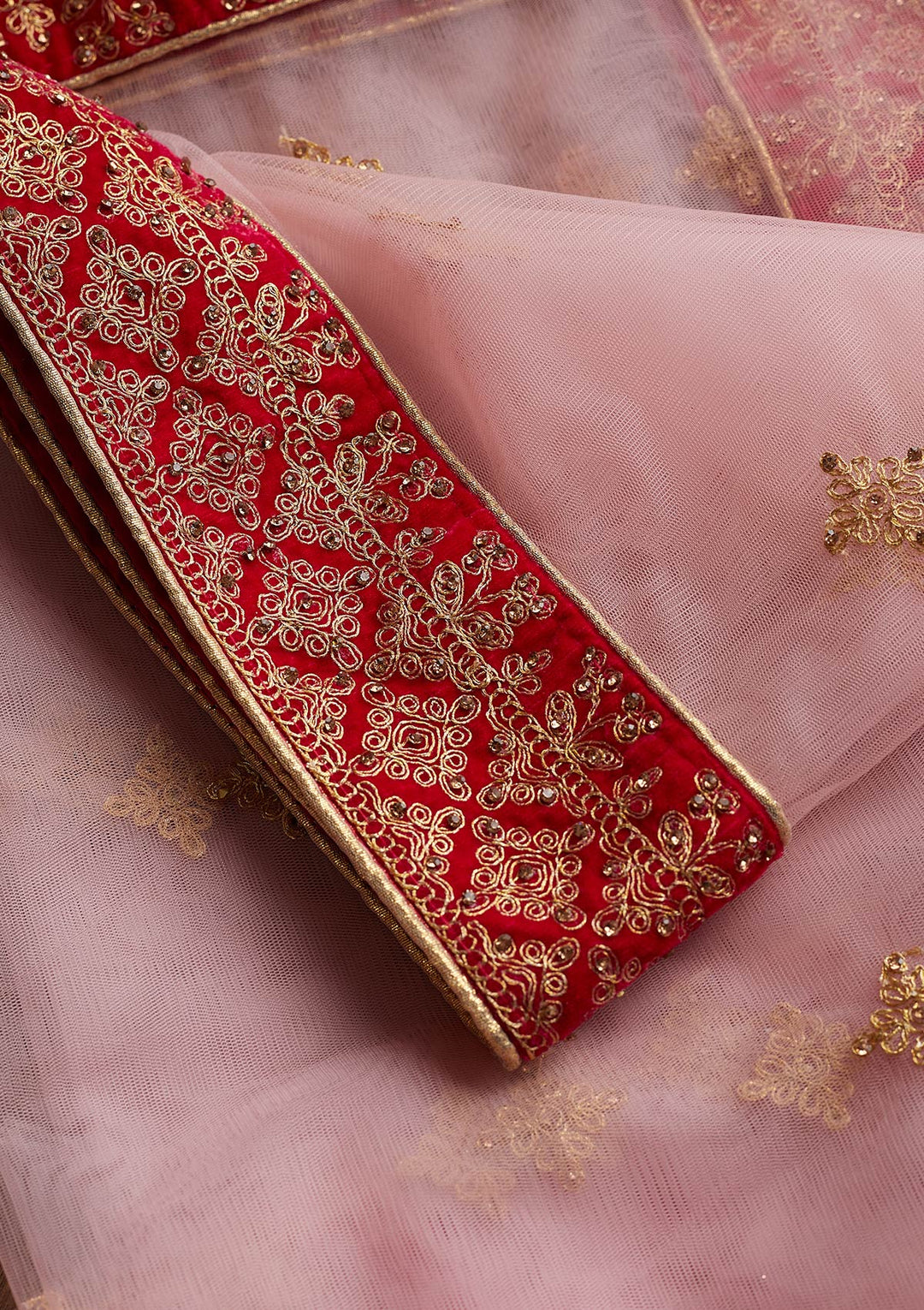 Baby Pink Stonework Net Readymade Dupatta-Koskii