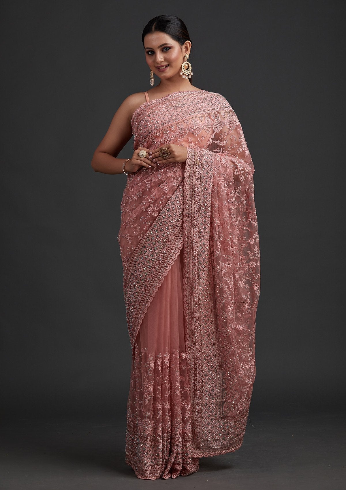 Baby Pink Stonework Net Designer Saree - koskii