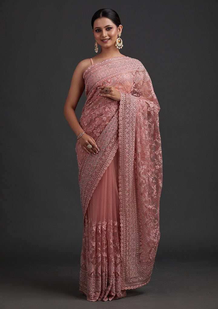 Baby Pink Stonework Net Designer Saree - koskii