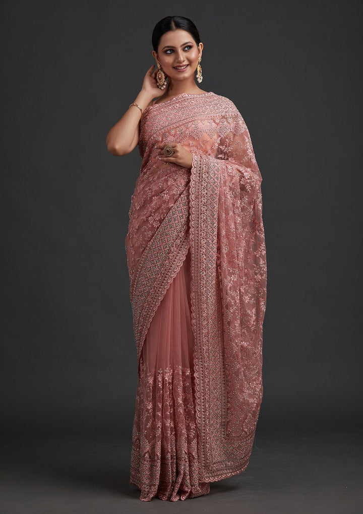 Baby Pink Stonework Net Designer Saree - koskii