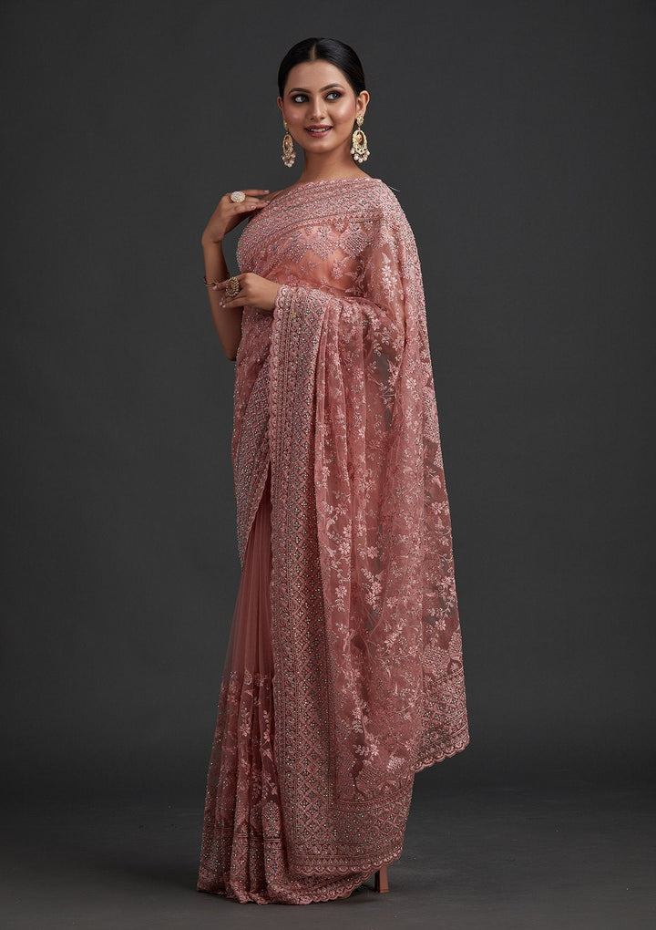 Baby Pink Stonework Net Designer Saree - koskii