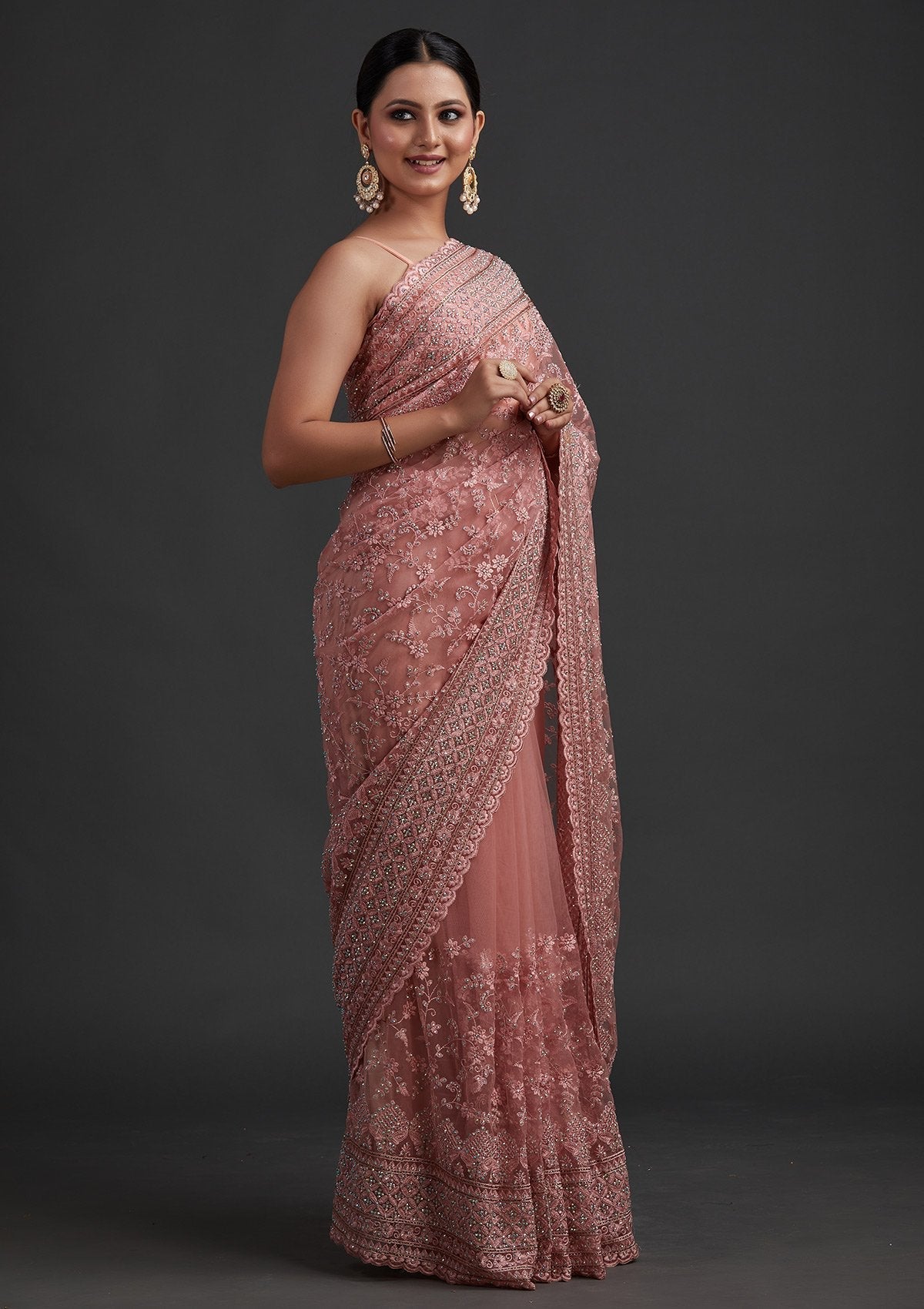 Baby Pink Stonework Net Designer Saree - koskii