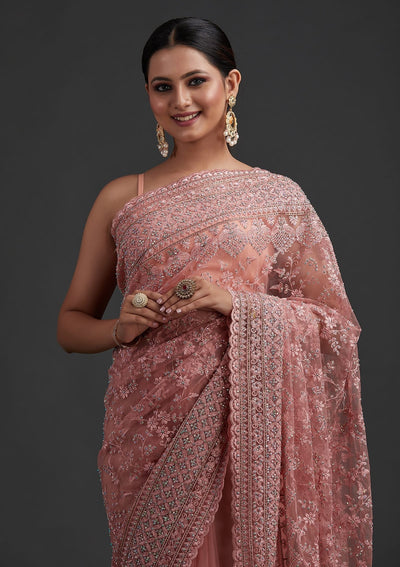 Baby Pink Stonework Net Designer Saree - koskii