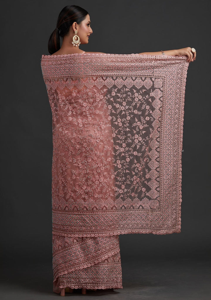 Baby Pink Stonework Net Designer Saree - koskii