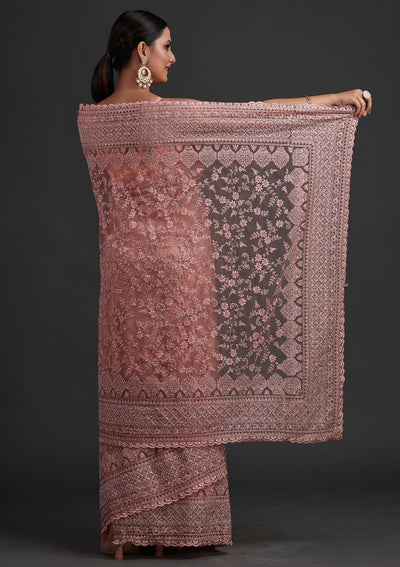 Baby Pink Stonework Net Designer Saree - koskii