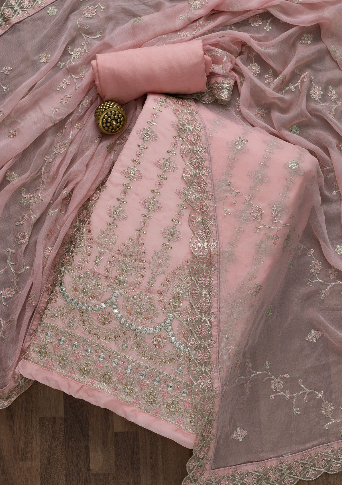 Baby Pink Stonework Semi Crepe Unstitched Salwar Suit-Koskii