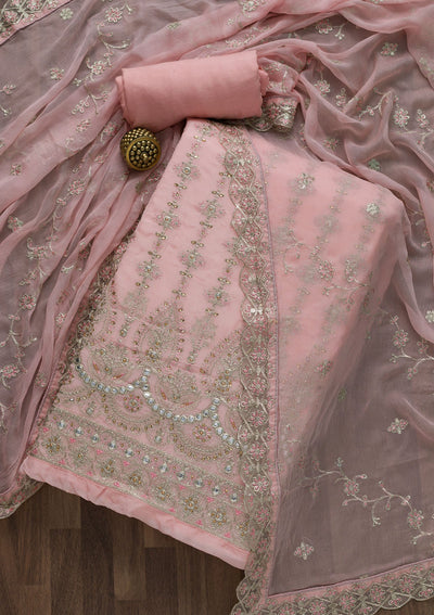 Baby Pink Stonework Semi Crepe Unstitched Salwar Suit-Koskii