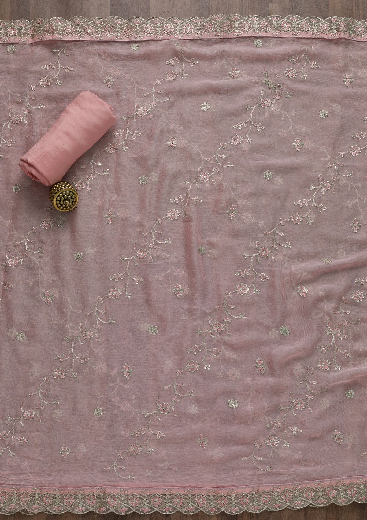 Baby Pink Stonework Semi Crepe Unstitched Salwar Suit-Koskii