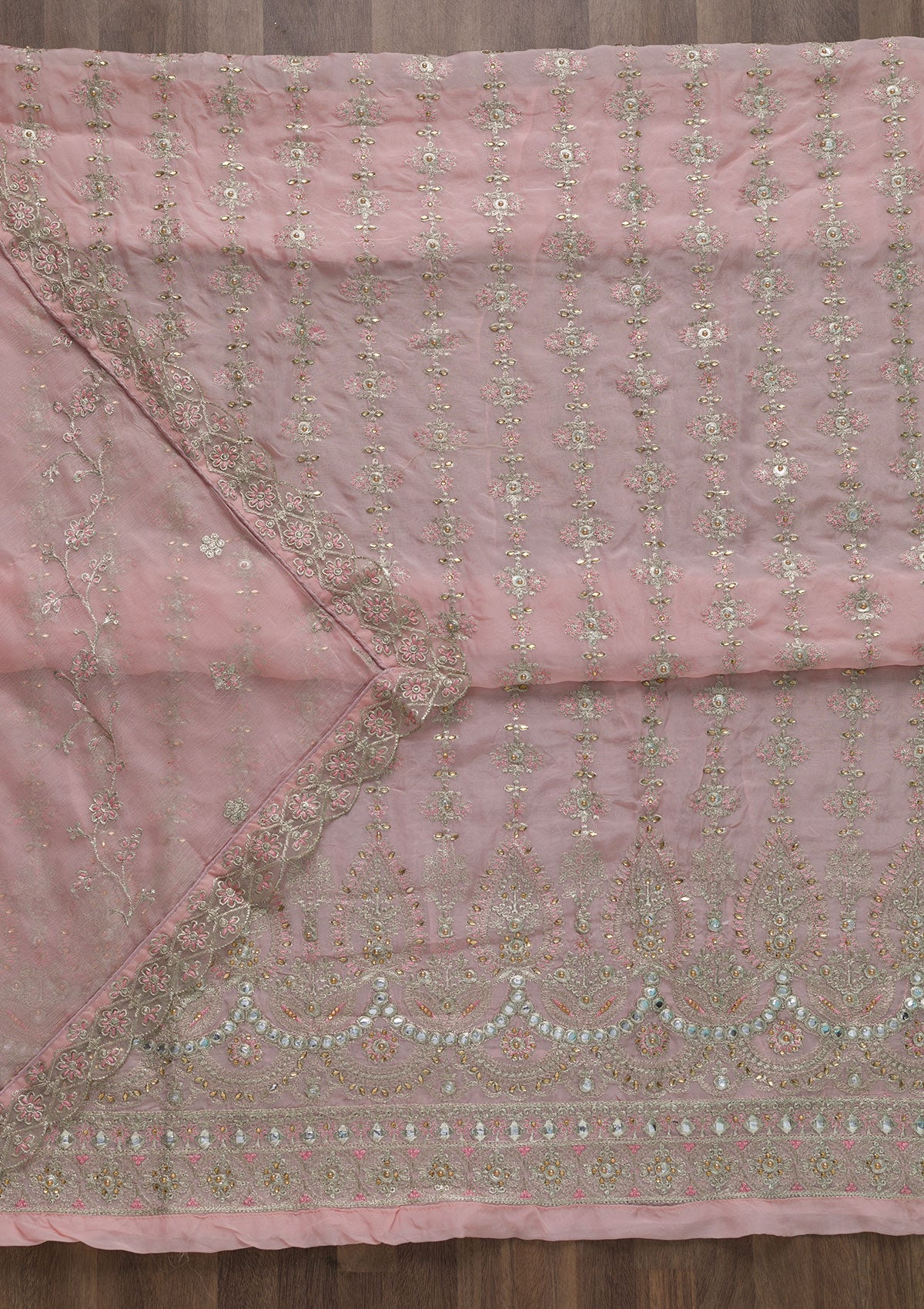 Baby Pink Stonework Semi Crepe Unstitched Salwar Suit-Koskii