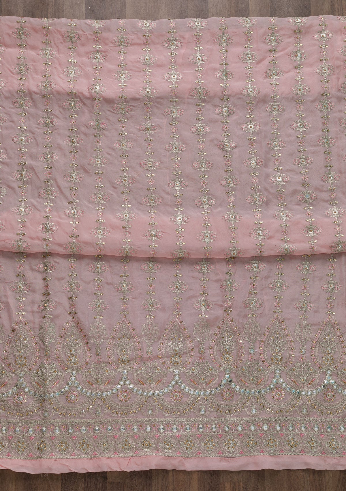 Baby Pink Stonework Semi Crepe Unstitched Salwar Suit-Koskii
