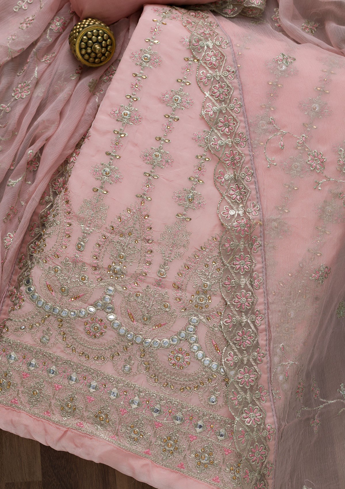 Baby Pink Stonework Semi Crepe Unstitched Salwar Suit-Koskii